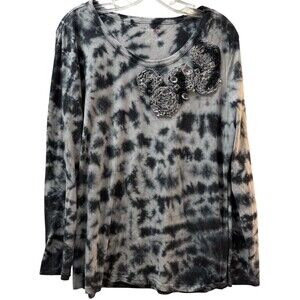 Style & Co Tie Dye Beaded Top Womens Size Large Gray & Black Cotton Blend